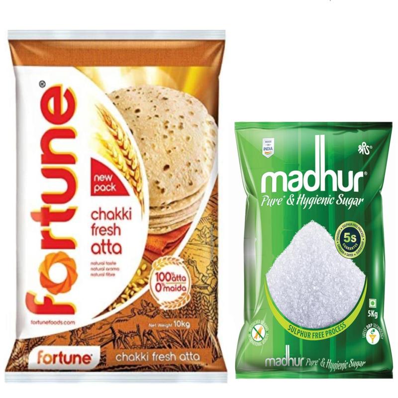 Madhur Sugar 5 kg + Fortune Chakki Fresh Atta 10 kg - 